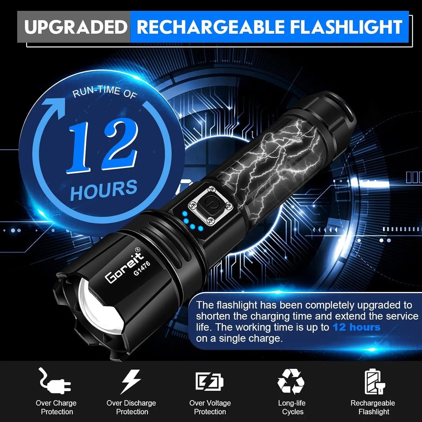 Goreit High Lumens Rechargeable Flashlight 990000 Lumen Super Bright LED