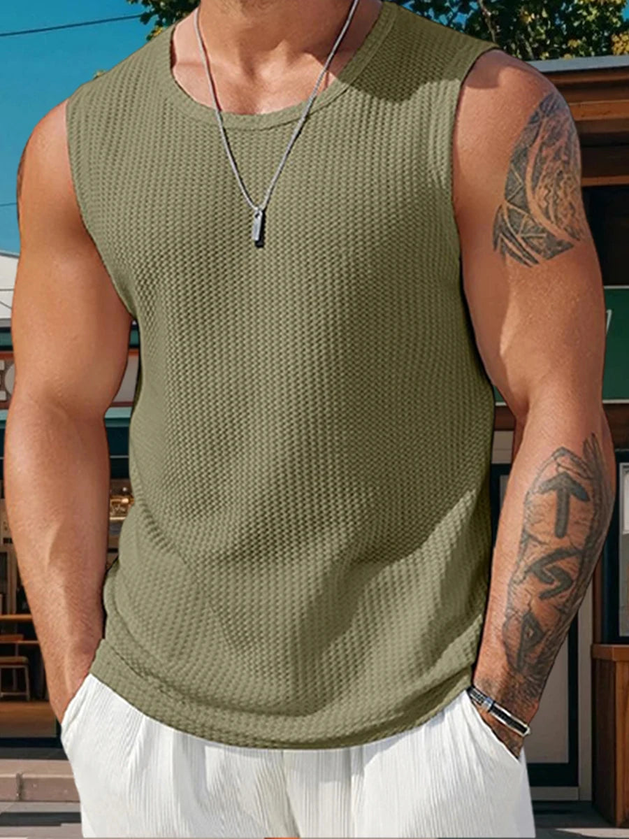 Mens Ribbed Knit Tank Top Solid Color Sleeveless Workout Shirt