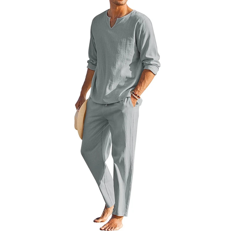 Mens Summer Henley Shirt and Drawstring Pants Set