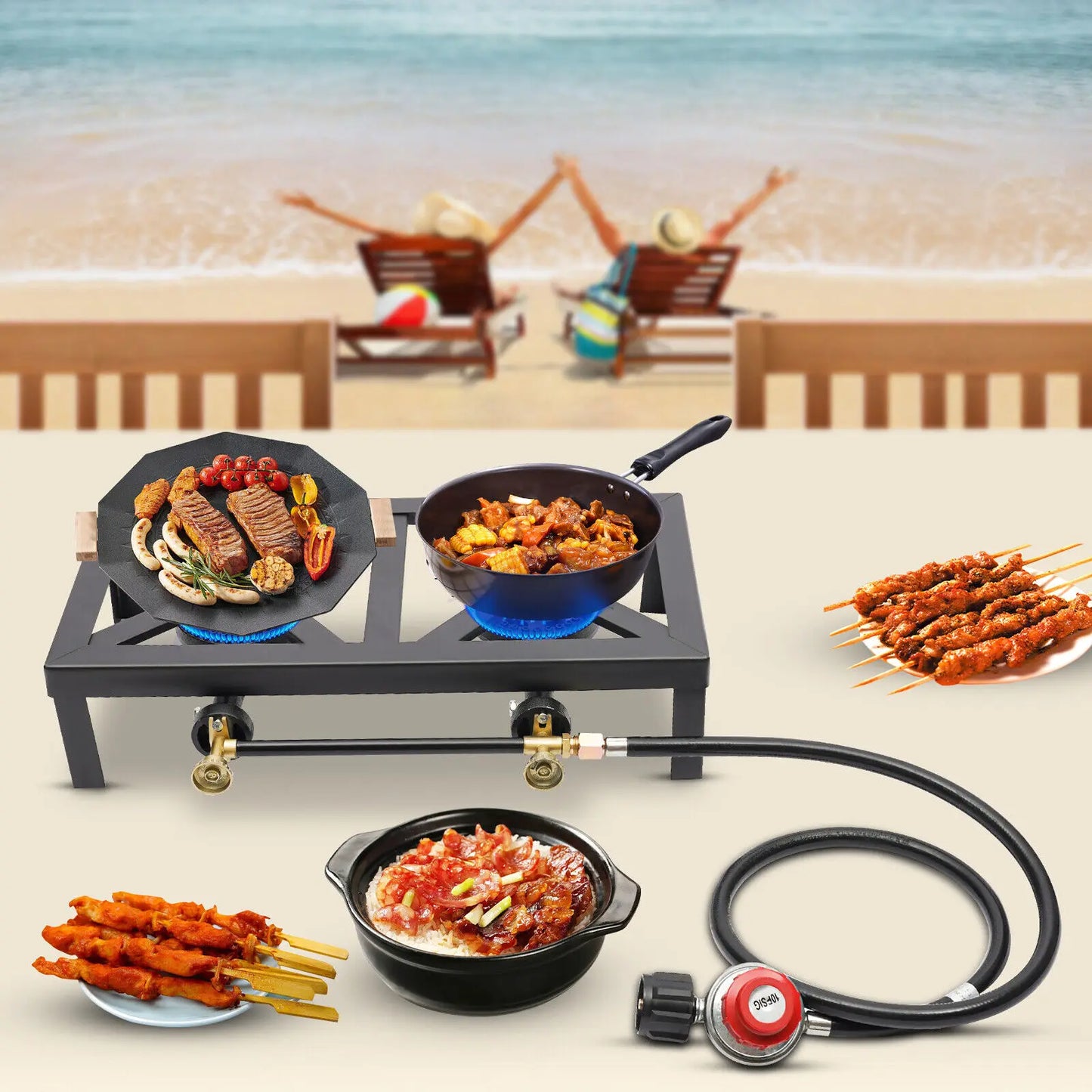 Portable Double Burner Gas Stove with Adjustable Regulator