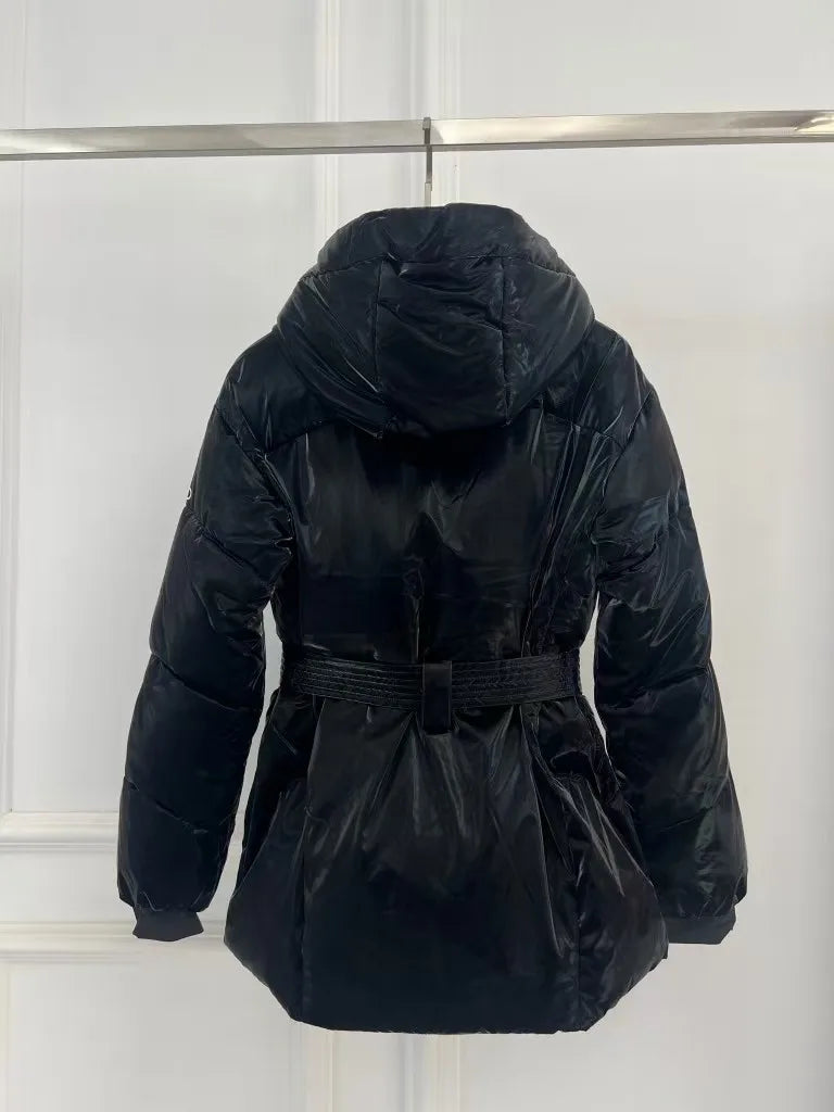 Winter 2025 New Women's Slim Thickened Warm Ski Hooded Jacket Belt Waist Ski Down Jacket