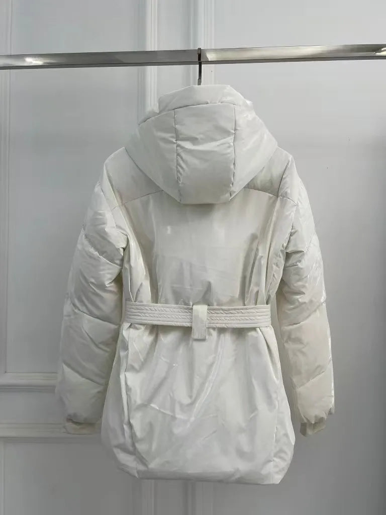 Winter 2025 New Women's Slim Thickened Warm Ski Hooded Jacket Belt Waist Ski Down Jacket