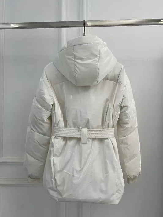 Winter 2025 New Women's Slim Thickened Warm Ski Hooded Jacket Belt Waist Ski Down Jacket