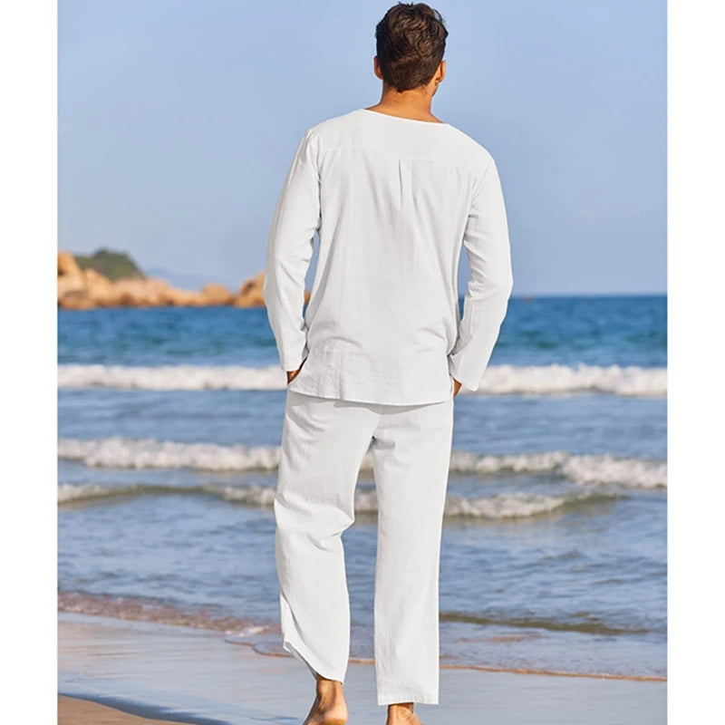 Mens Summer Henley Shirt and Drawstring Pants Set
