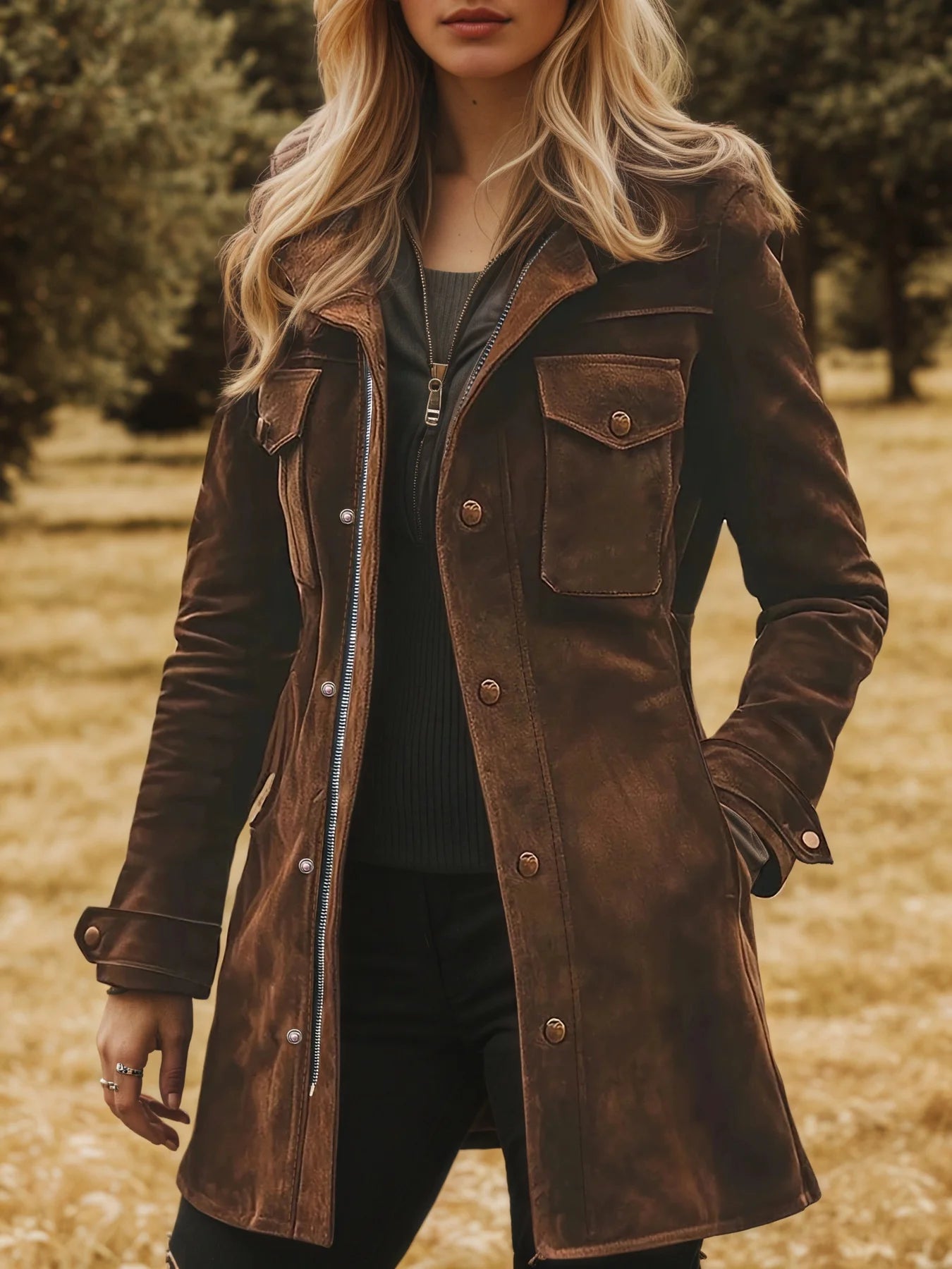 Mid Length Suede Turtleneck Coat