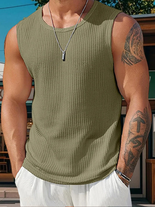 Mens Ribbed Knit Tank Top Solid Color Sleeveless Workout Shirt