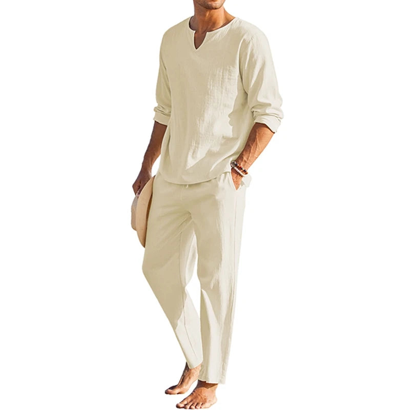 Mens Summer Henley Shirt and Drawstring Pants Set