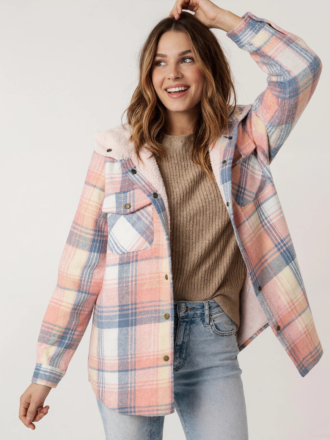 Womens Hooded Plaid Jacket With Pockets
