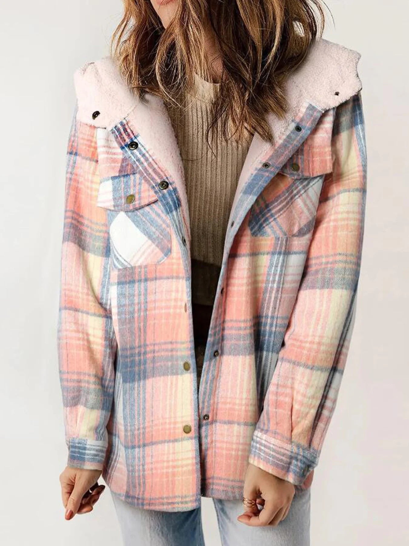 Womens Hooded Plaid Jacket With Pockets