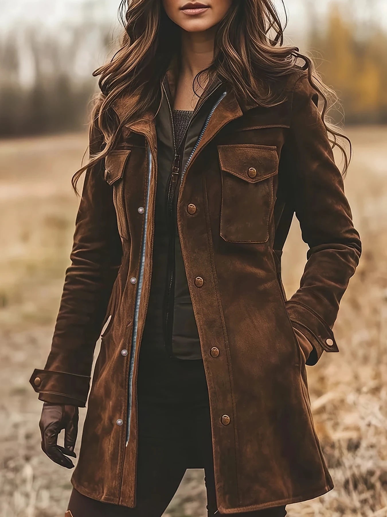 Mid Length Suede Turtleneck Coat