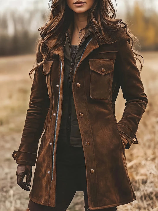 Mid Length Suede Turtleneck Coat