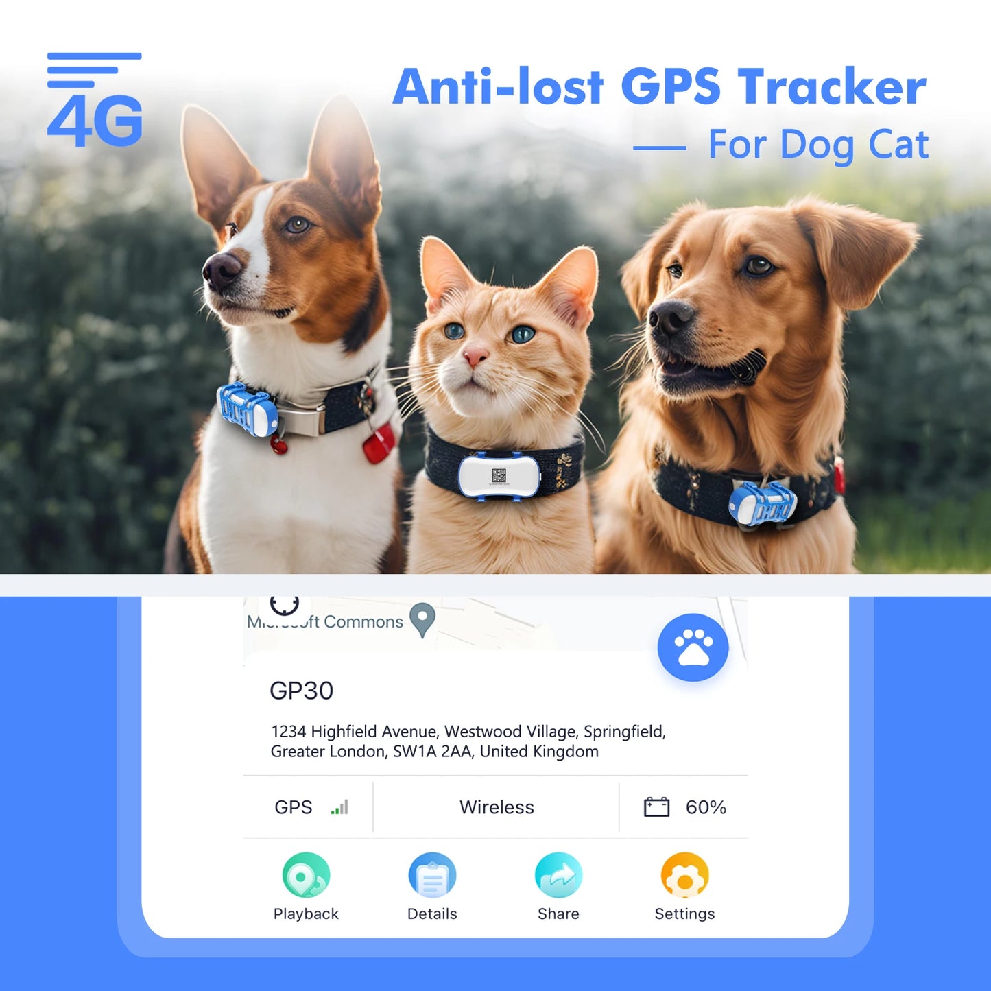 Smart GPS Pet Tracker with Light and Sound Search