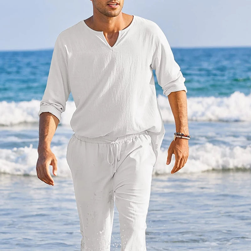 Mens Summer Henley Shirt and Drawstring Pants Set