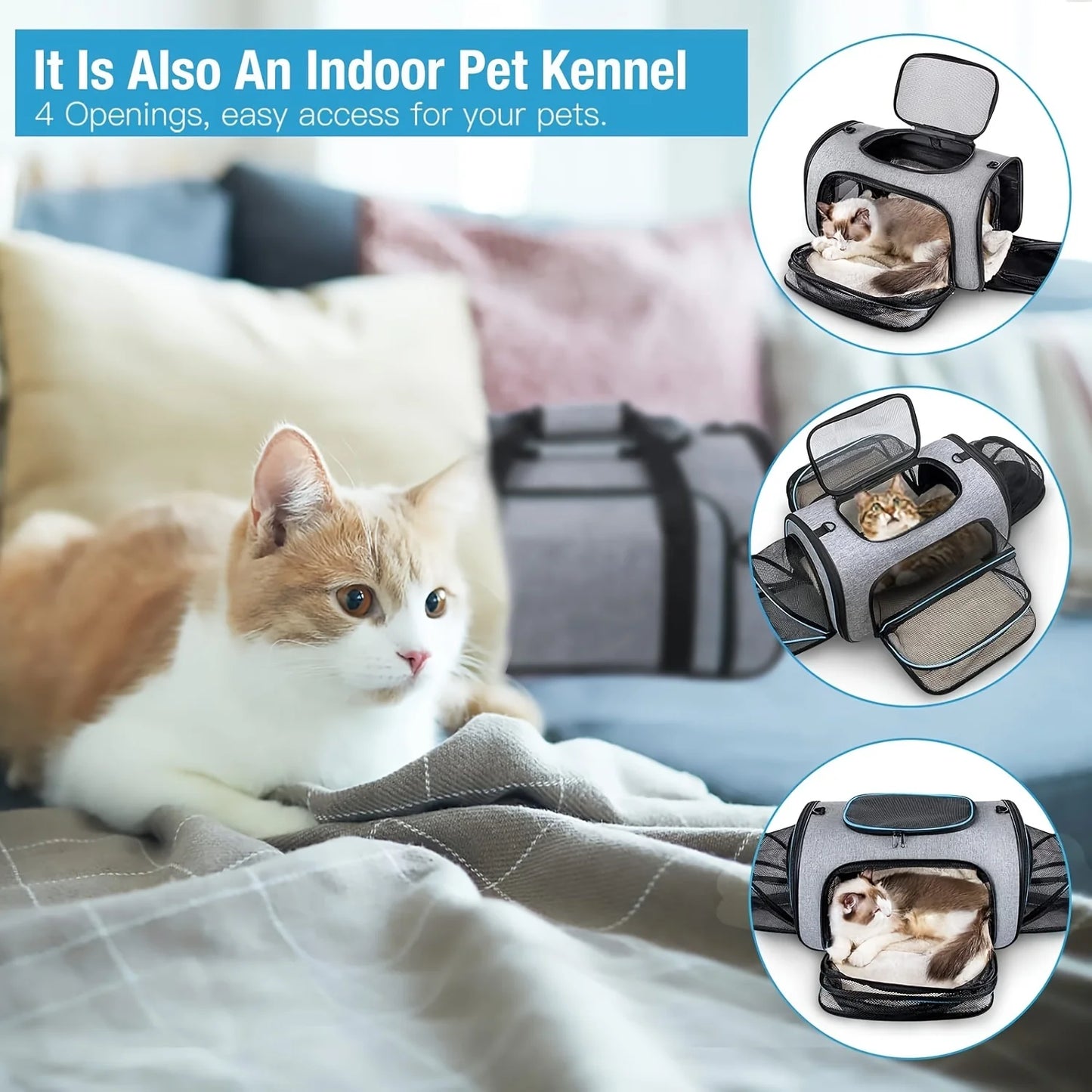 4-Way Expandable Airline-Approved Pet Carrier Foldable Soft-Sided Travel Bag for Cats and Small Pets
