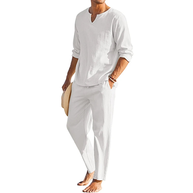 Mens Summer Henley Shirt and Drawstring Pants Set
