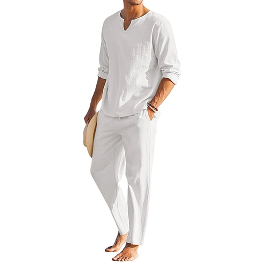 Mens Summer Henley Shirt and Drawstring Pants Set