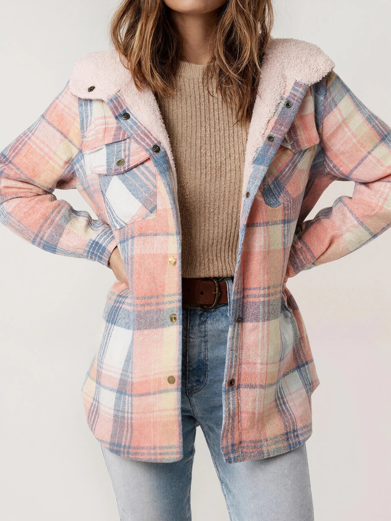 Womens Hooded Plaid Jacket With Pockets