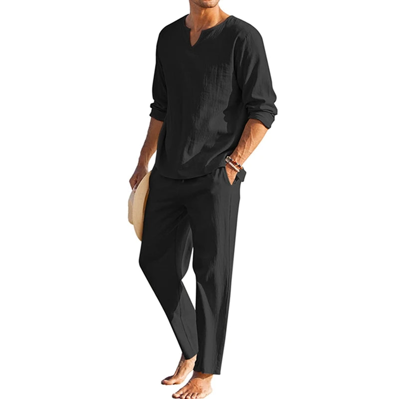 Mens Summer Henley Shirt and Drawstring Pants Set