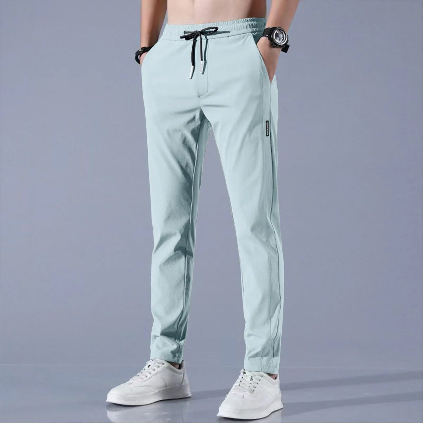 Mens Fast Dry Stretch Ice Silk Straight Leg Casual Pants