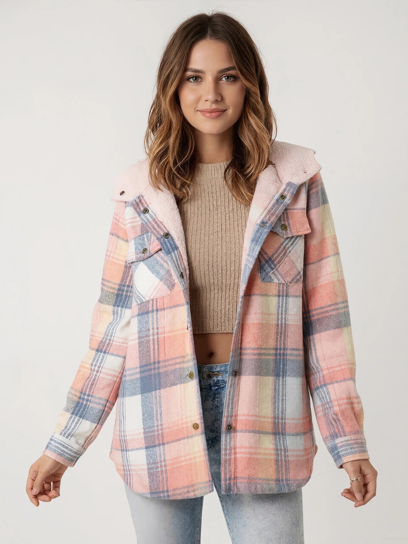 Womens Hooded Plaid Jacket With Pockets