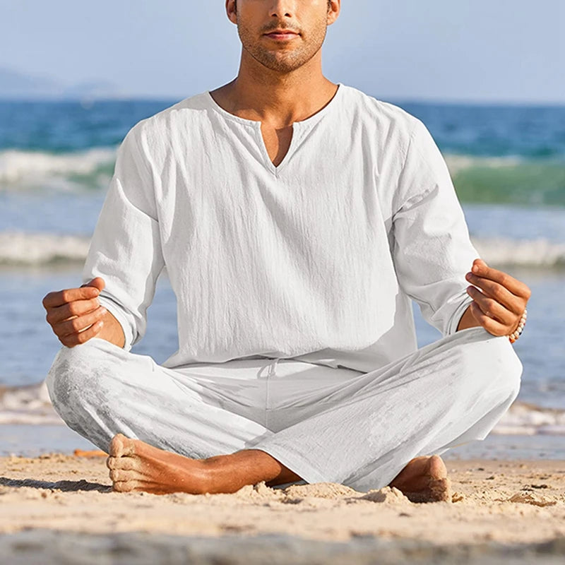 Mens Summer Henley Shirt and Drawstring Pants Set
