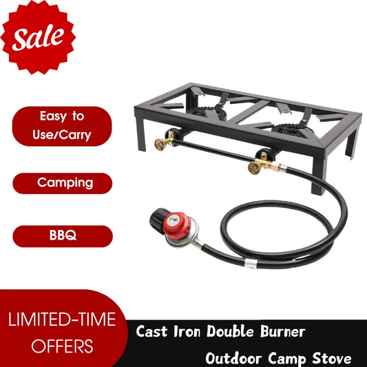 Portable Double Burner Gas Stove with Adjustable Regulator