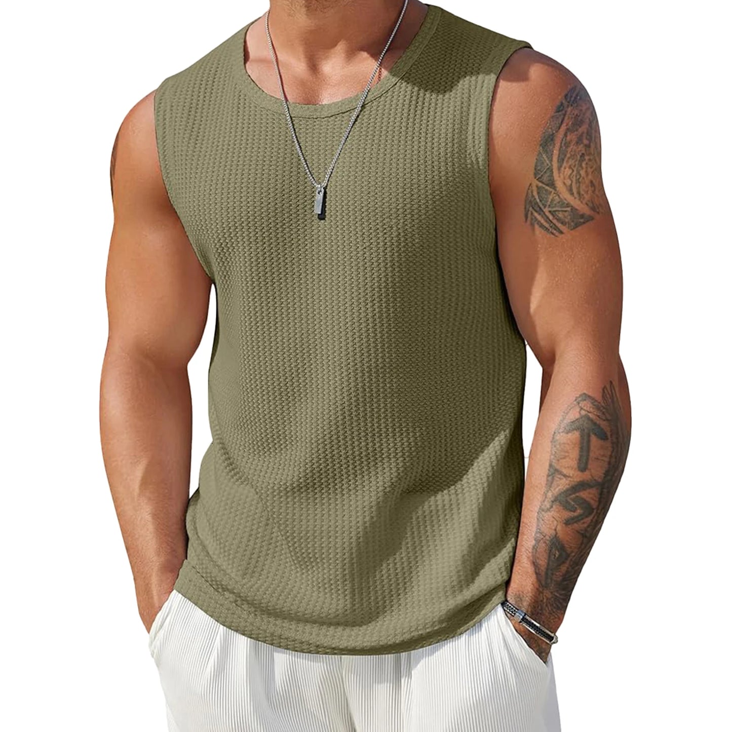 Mens Ribbed Knit Tank Top Solid Color Sleeveless Workout Shirt