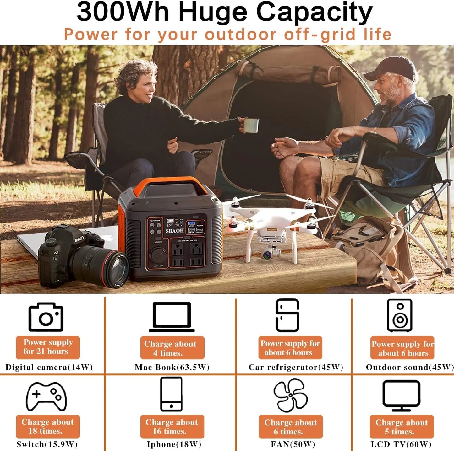 Portable Power Station 300W 296Wh Solar Generator with AC DC USB & LED Flashlight
