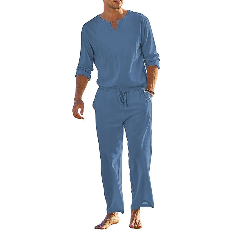 Mens Summer Henley Shirt and Drawstring Pants Set