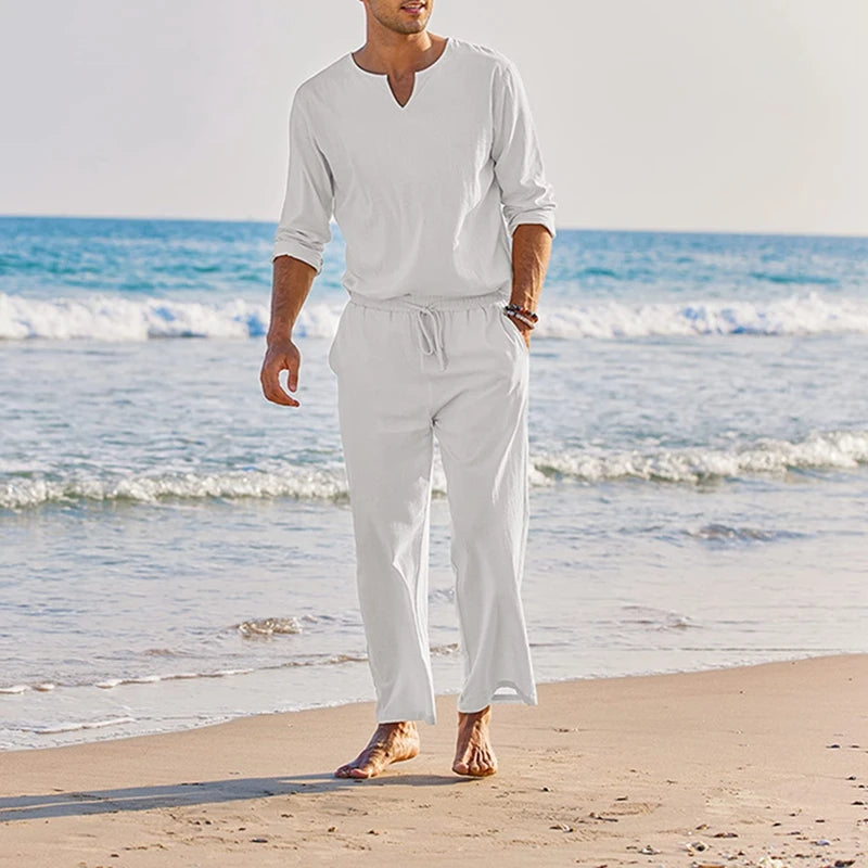 Mens Summer Henley Shirt and Drawstring Pants Set