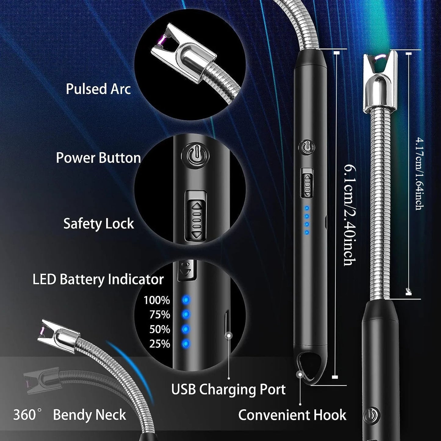 3PCS Rechargeable Plasma Arc Lighter Windproof USB Kitchen Set
