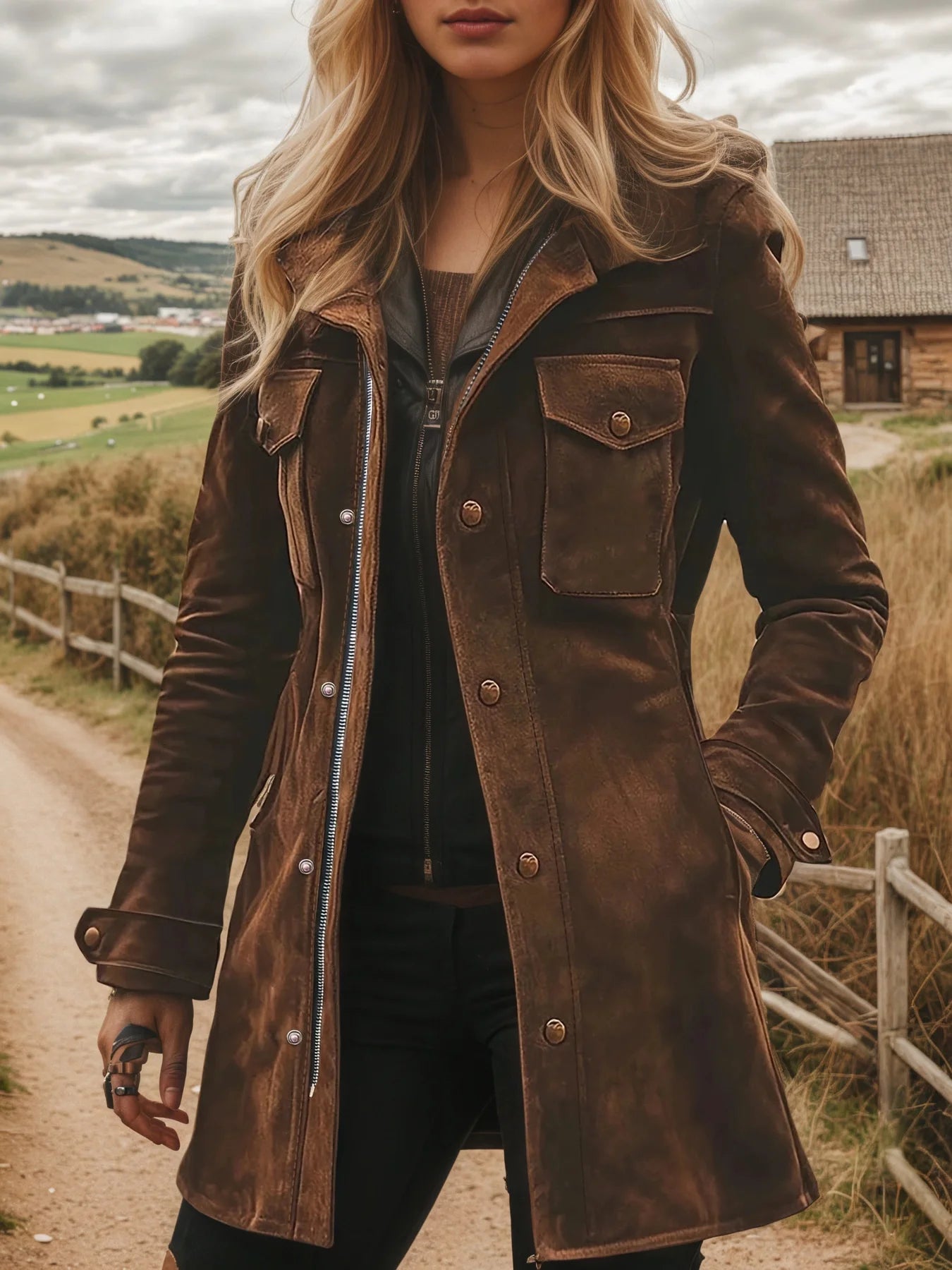 Mid Length Suede Turtleneck Coat