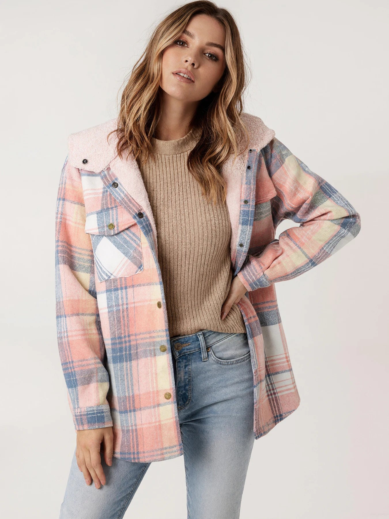 Womens Hooded Plaid Jacket With Pockets