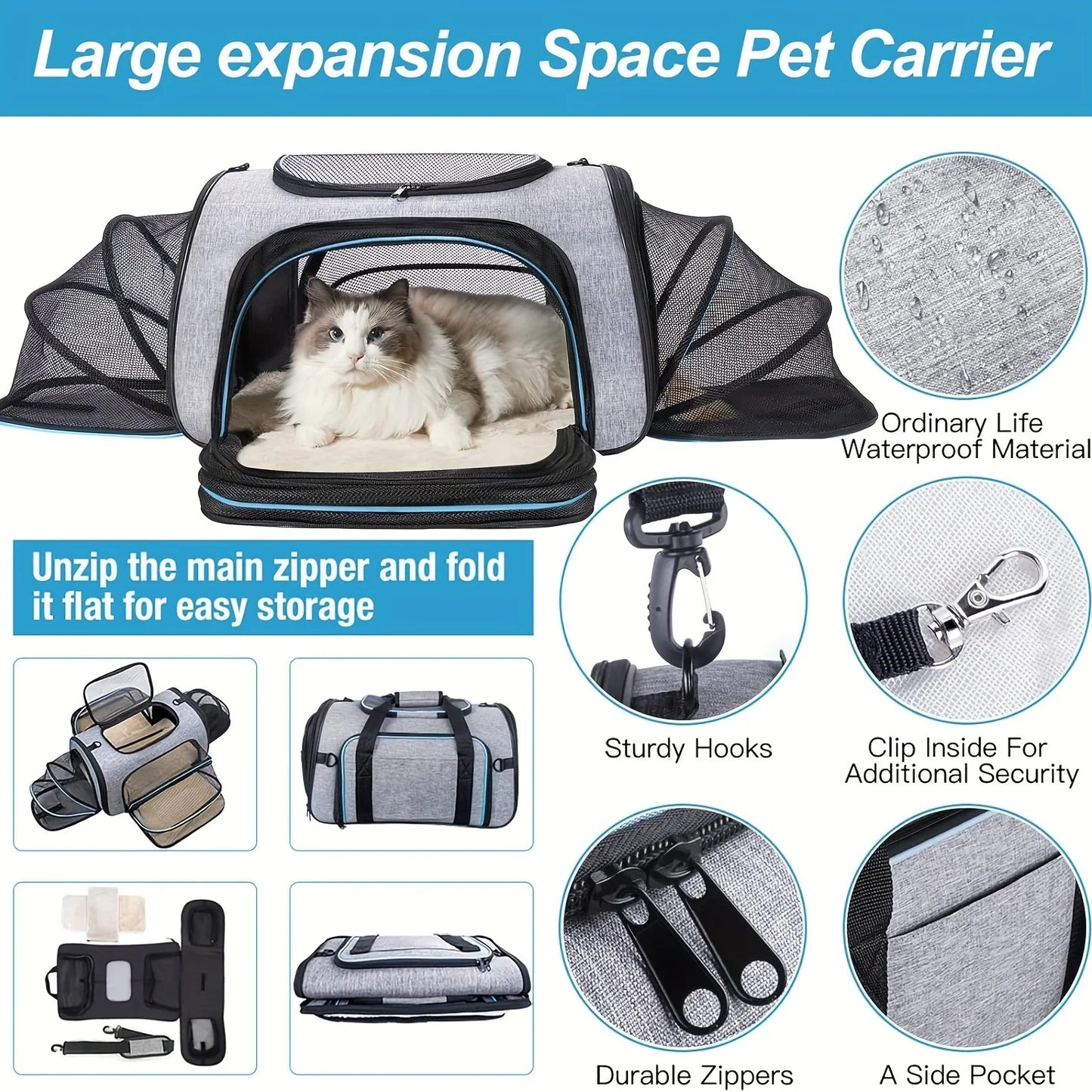 4-Way Expandable Airline-Approved Pet Carrier Foldable Soft-Sided Travel Bag for Cats and Small Pets