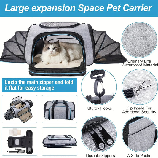4-Way Expandable Airline-Approved Pet Carrier Foldable Soft-Sided Travel Bag for Cats and Small Pets
