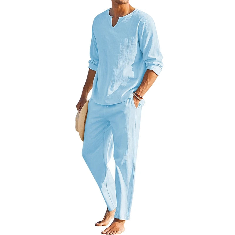 Mens Summer Henley Shirt and Drawstring Pants Set