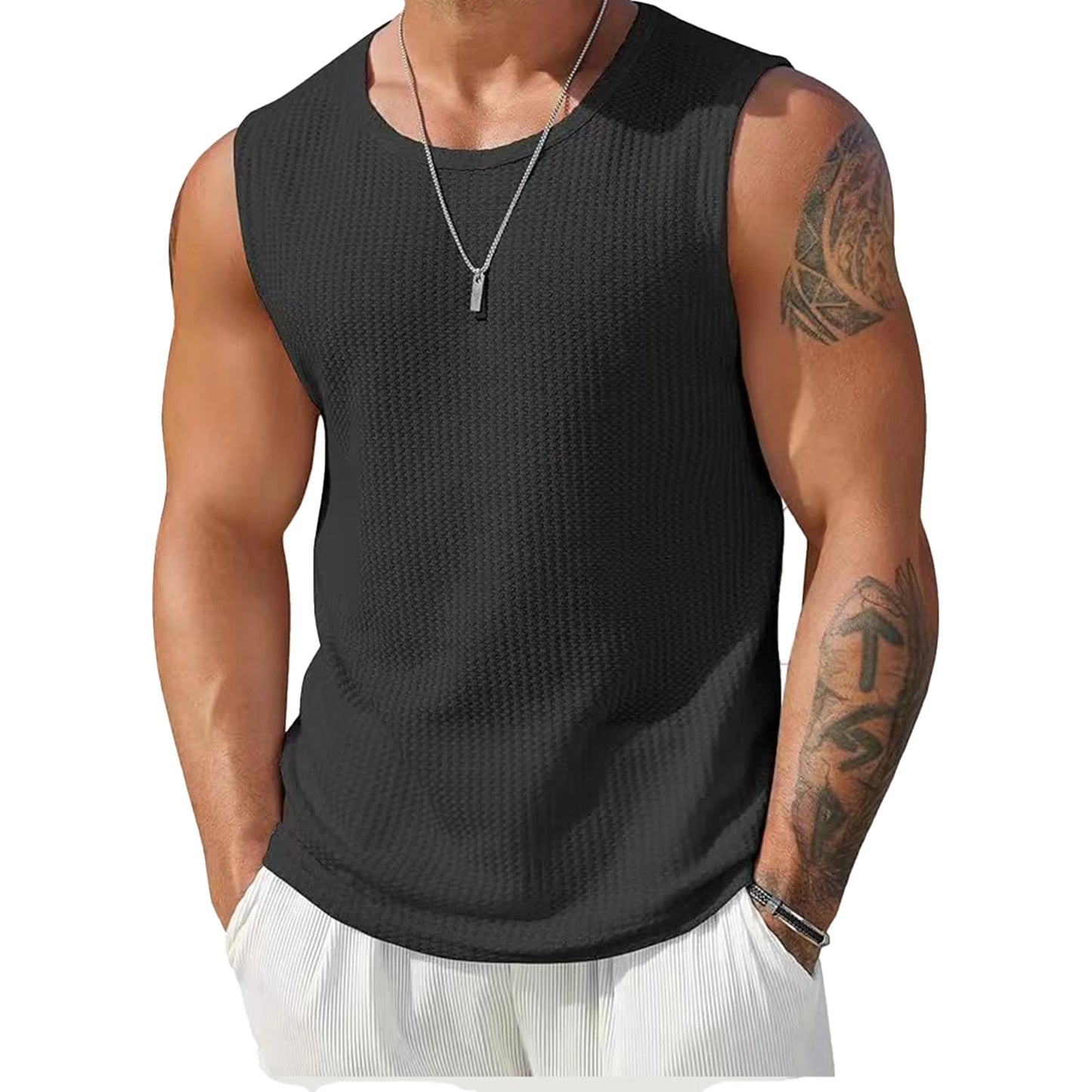 Mens Ribbed Knit Tank Top Solid Color Sleeveless Workout Shirt
